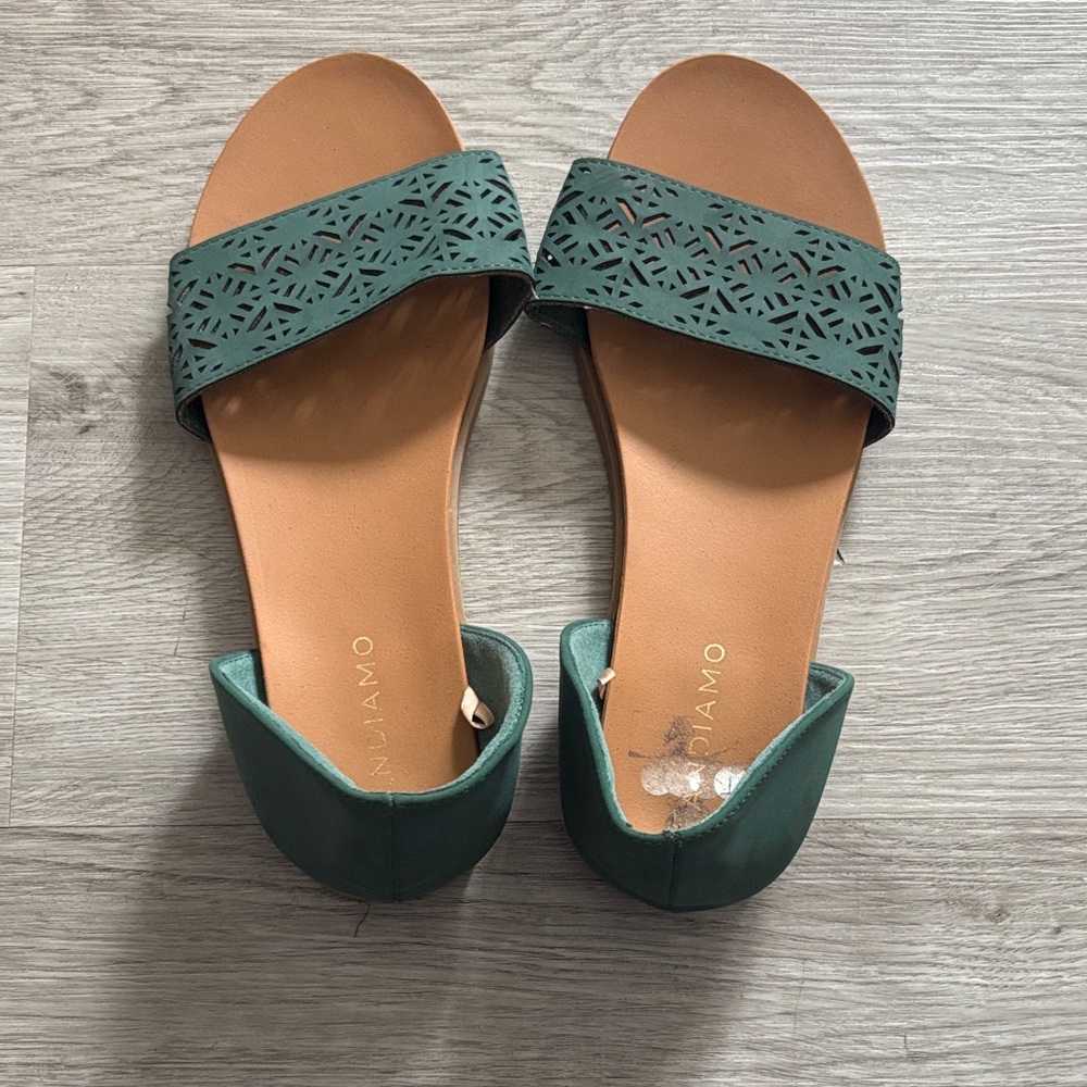 Green Laser-Cut Slide Sandals with Tan Footbed